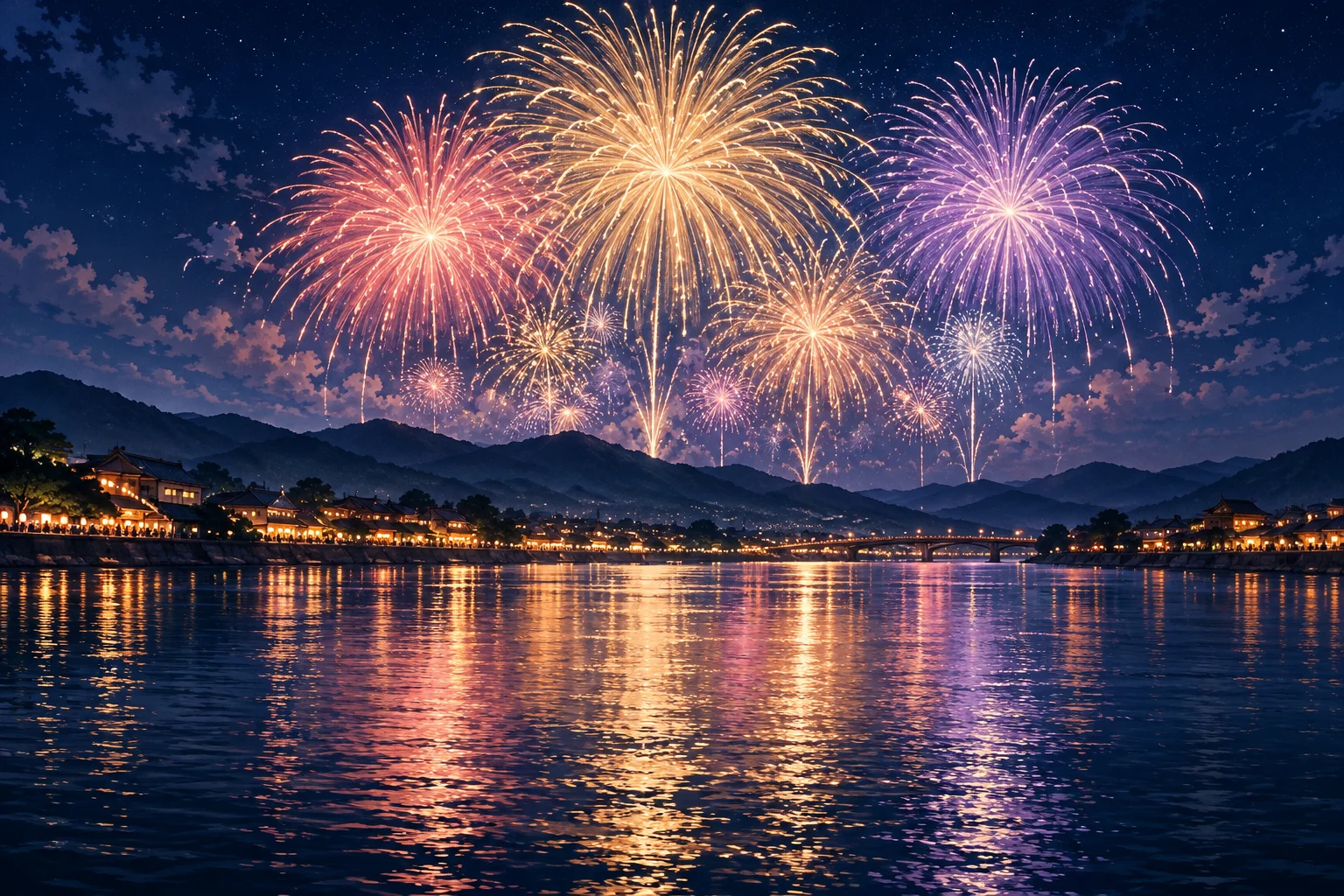 Illustration of golden and violet fireworks reflected on a river